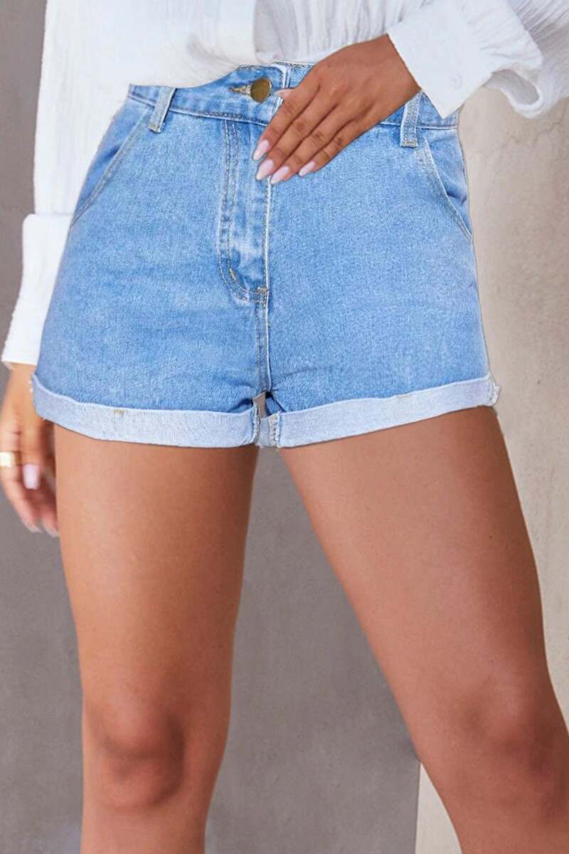 Baby Blue Casual Solid Patchwork High Waist Regular Denim Shorts