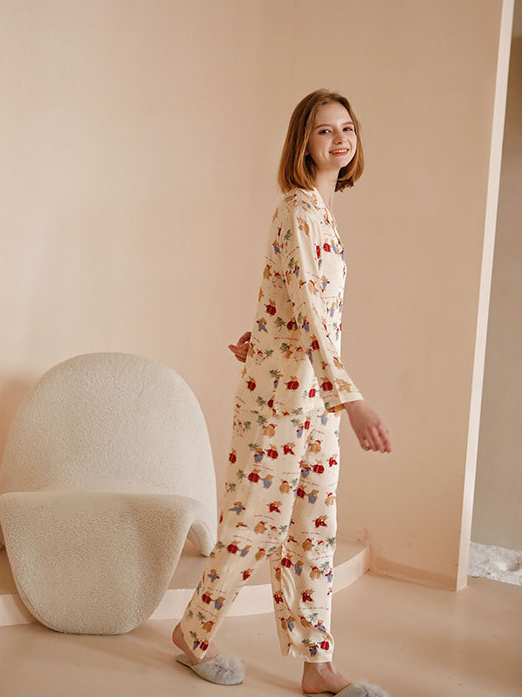 Vacation Loose Shawl Collar Rabbit Long Sleeve Pajama Set