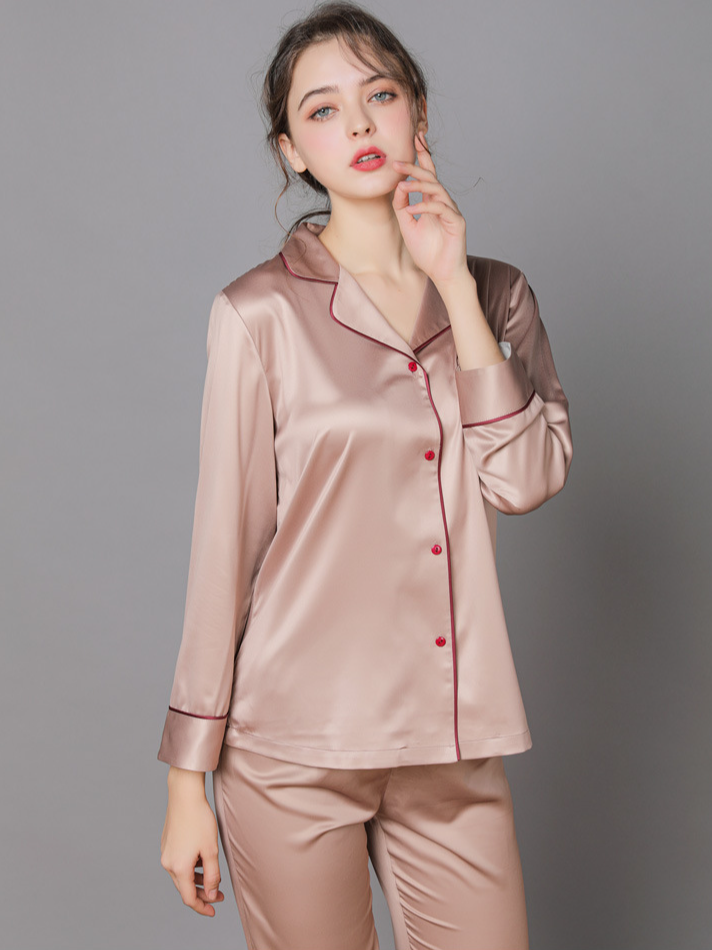 Ice Silk Plain Shawl Collar Casual Long Sleeve Couple Pajama Set