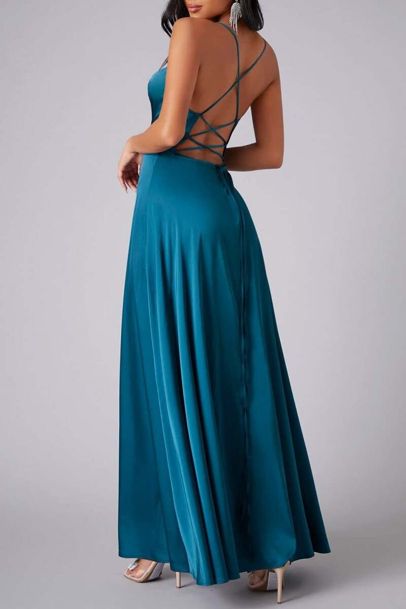 Navy Sexy Casual Solid Backless Cross Straps Slit Spaghetti Strap Long Dress Dresses