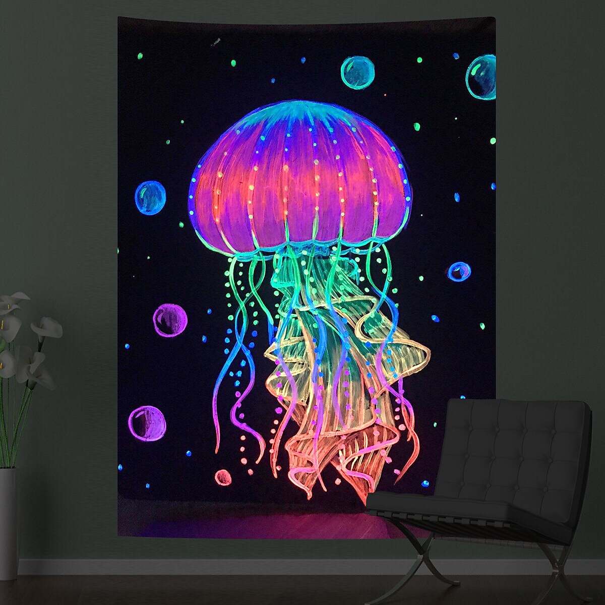 Black UV Light Jellyfish Psychedelic Tapestry