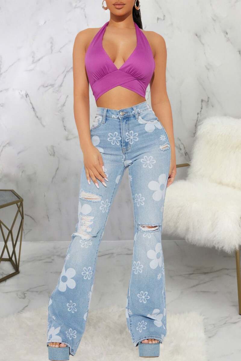 Blue Casual Print Ripped High Waist Regular Denim Jeans