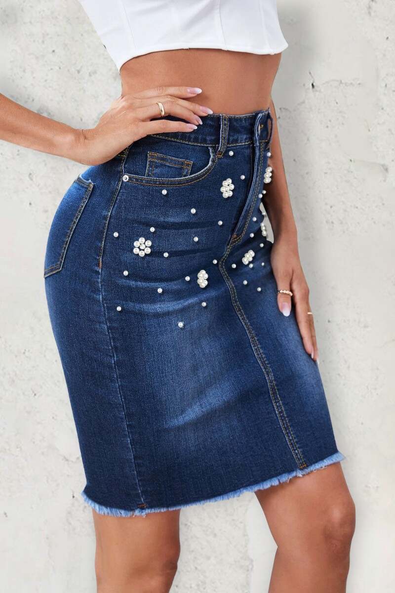 Dark Blue Casual Patchwork Pearl High Waist Regular Denim Skirts