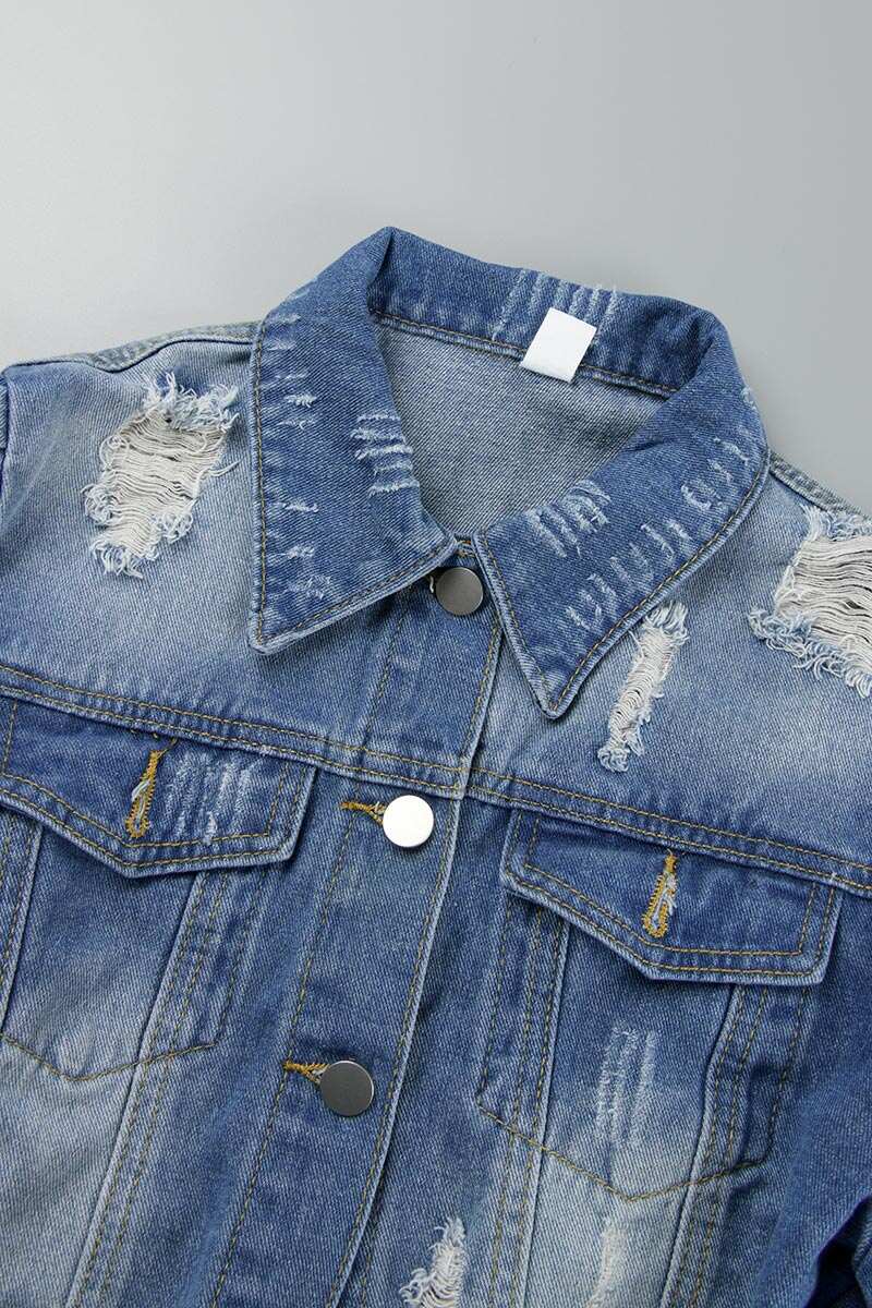 Blue Casual Solid Ripped Buckle Turndown Collar Long Sleeve Denim Jacket