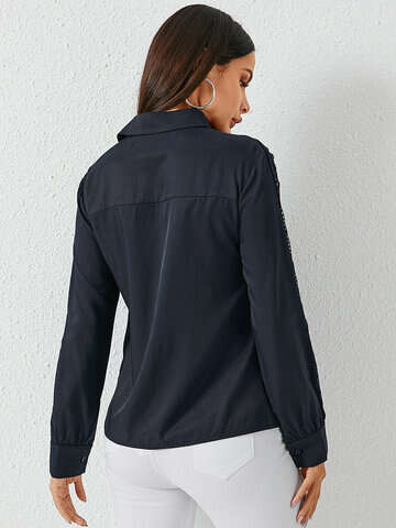 Women Blouses & Shirts | Lace Stitch Solid Lapel Long Sleeve Button Down Shirt - HR14264