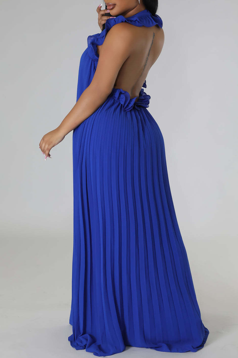 Blue Casual Solid Patchwork Backless Fold Stringy Selvedge Halter Straight Dresses