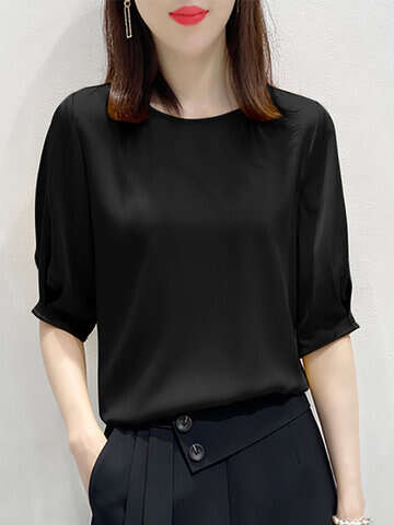 Women Blouses & Shirts | Satin Solid Half Sleeve Crew Neck Women Blouse - XQ99822