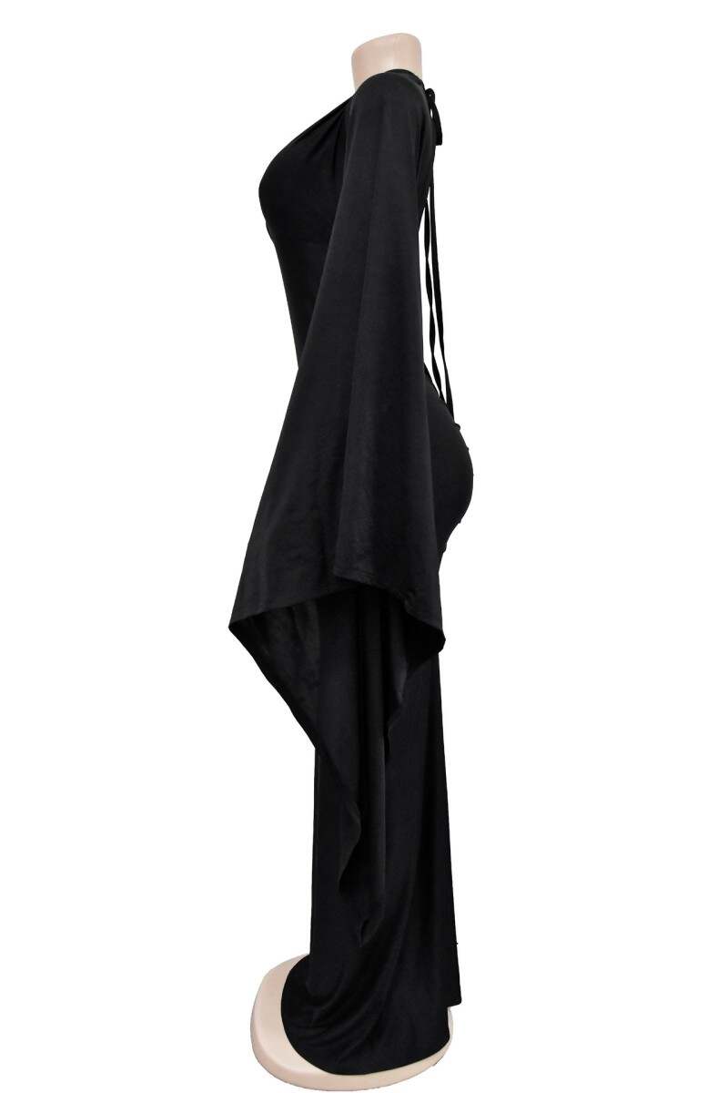 Black Sexy Casual Solid Frenulum Backless Asymmetrical V Neck Long Dress Dresses