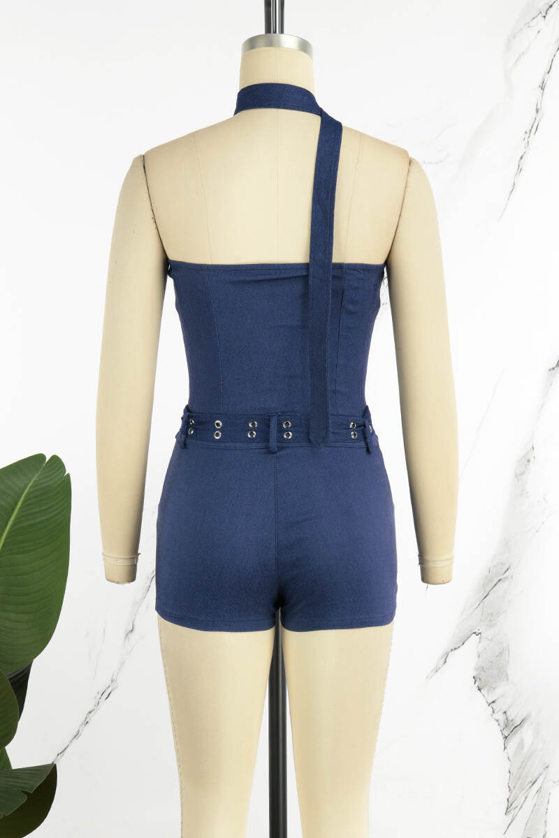 Blue Sexy Solid Frenulum Backless Strapless Sleeveless Skinny Denim Romper