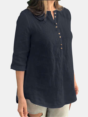 Women Blouses & Shirts | Cotton Solid Button Ruched High-Low Hem Casual Blouse - AQ29649