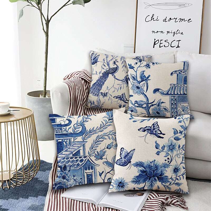 Blue And White Porcelain Flowers Cushion Cover 4PCS Soft Decorative Square Throw Pillow Cover Cushion Case Faux Linen Pillowcase for Sofa Bedroom Superior Quality Mashine Washable