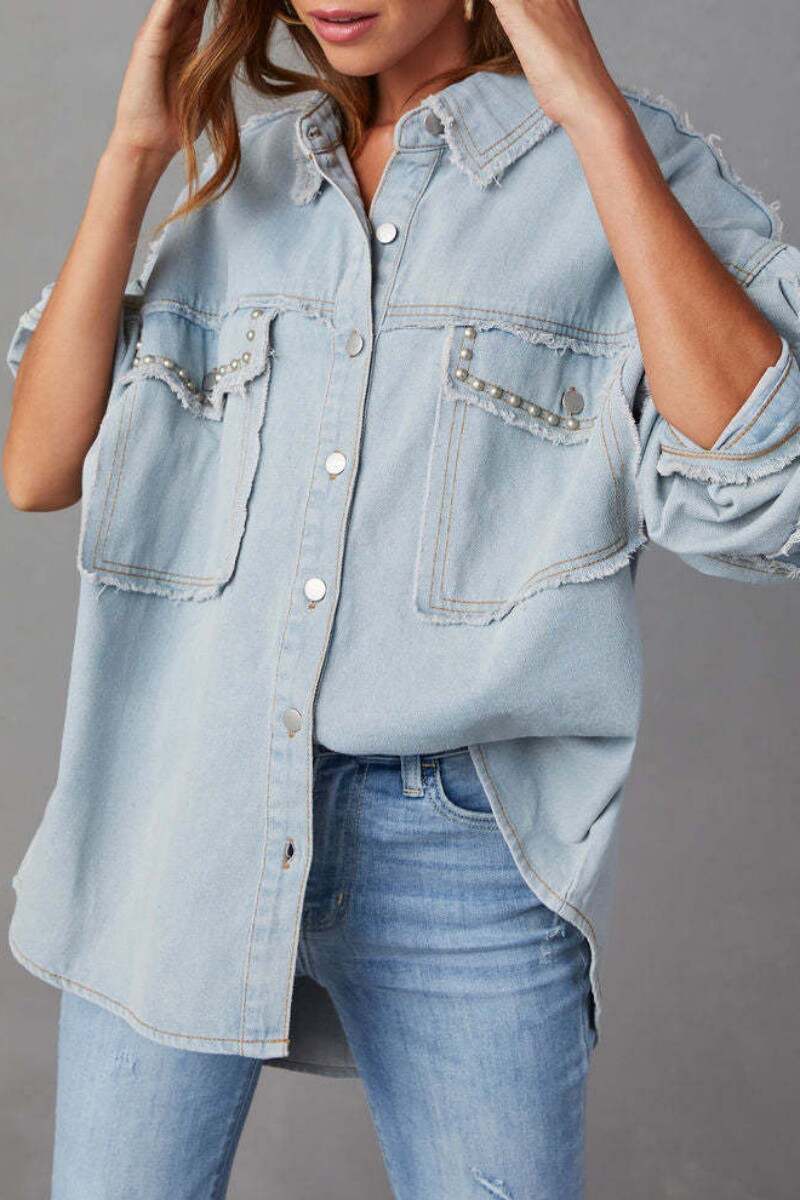 Apricot Casual Solid Patchwork Turndown Collar Long Sleeve Regular Denim Jacket