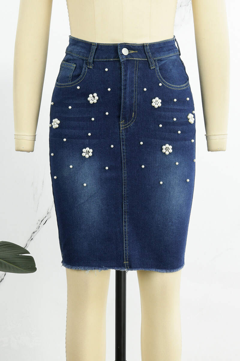 Dark Blue Casual Patchwork Pearl High Waist Regular Denim Skirts