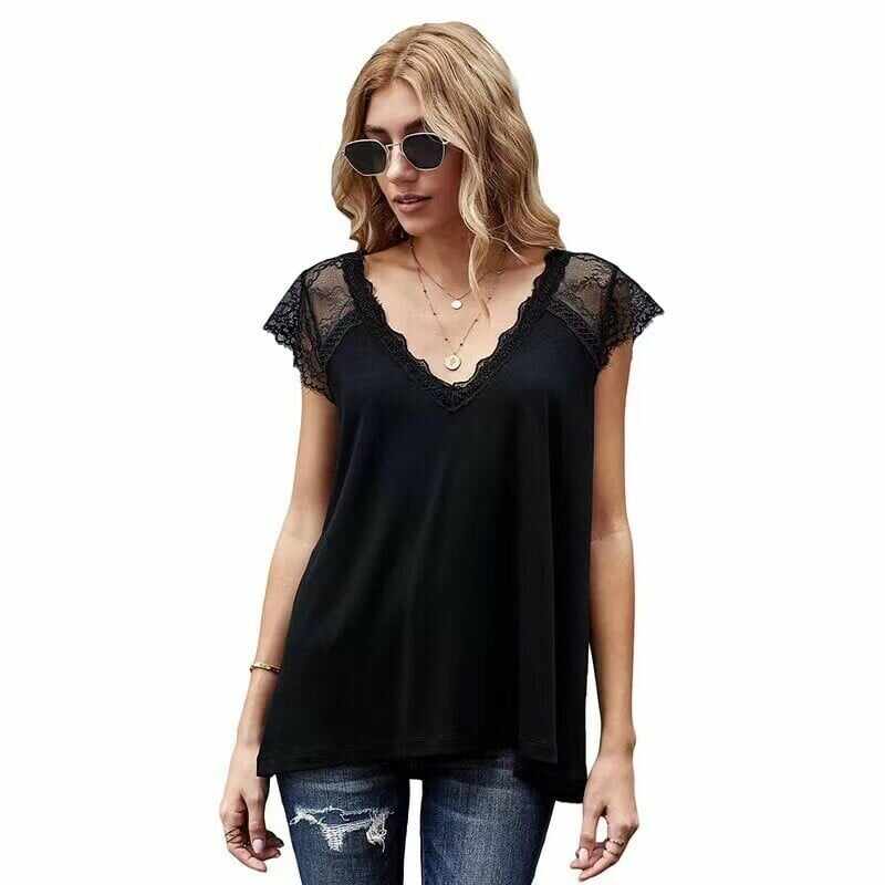 Women's V Neck Lace Vest Summer Casual Short-sleeved Top