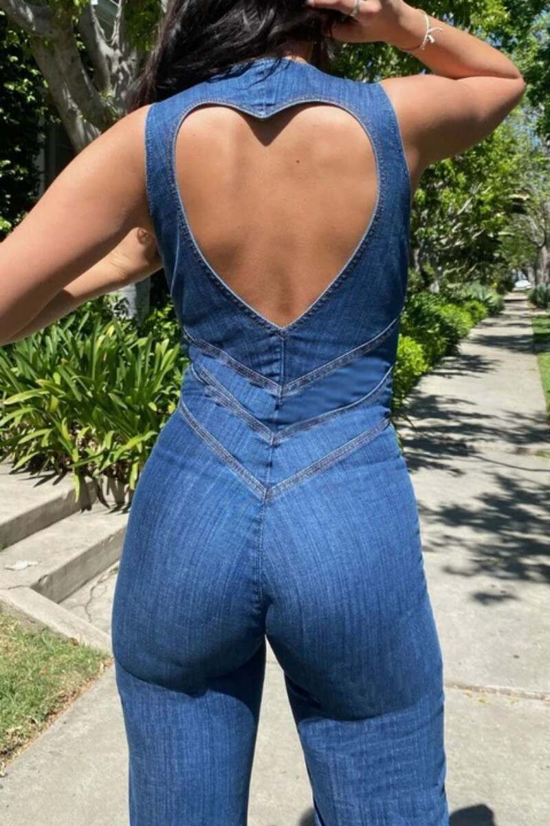 Blue Casual Solid Backless Zipper Collar Sleeveless Skinny Denim Jumpsuits