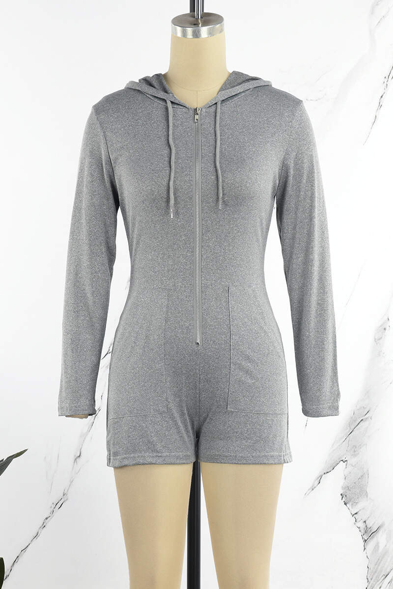 Grey Sexy Solid Patchwork Draw String Pocket Zipper Hooded Collar Regular Jumpsuits