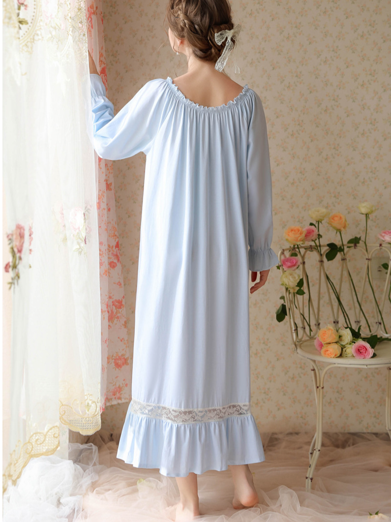 Vacation Flare Sleeve Cotton Crew Neck Plain Nightdress