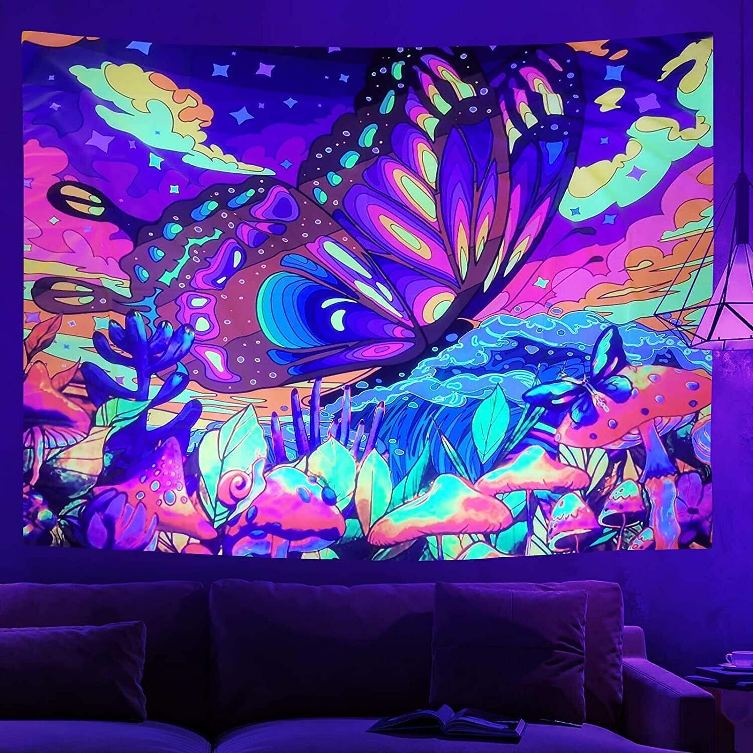 Blacklight Tapestry UV Reactive Trippy Butterfly Mushroom