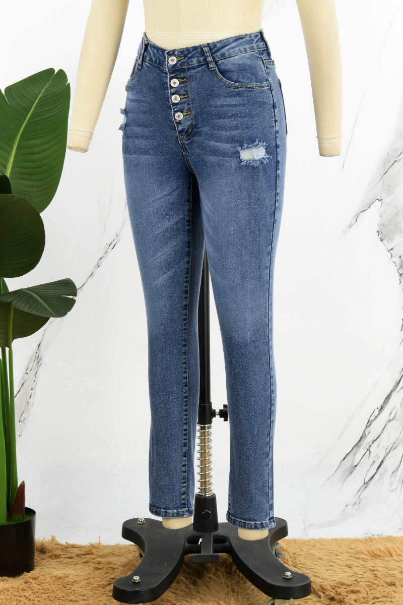 Deep Blue Casual Solid Ripped Buttons High Waist Skinny Denim Jeans