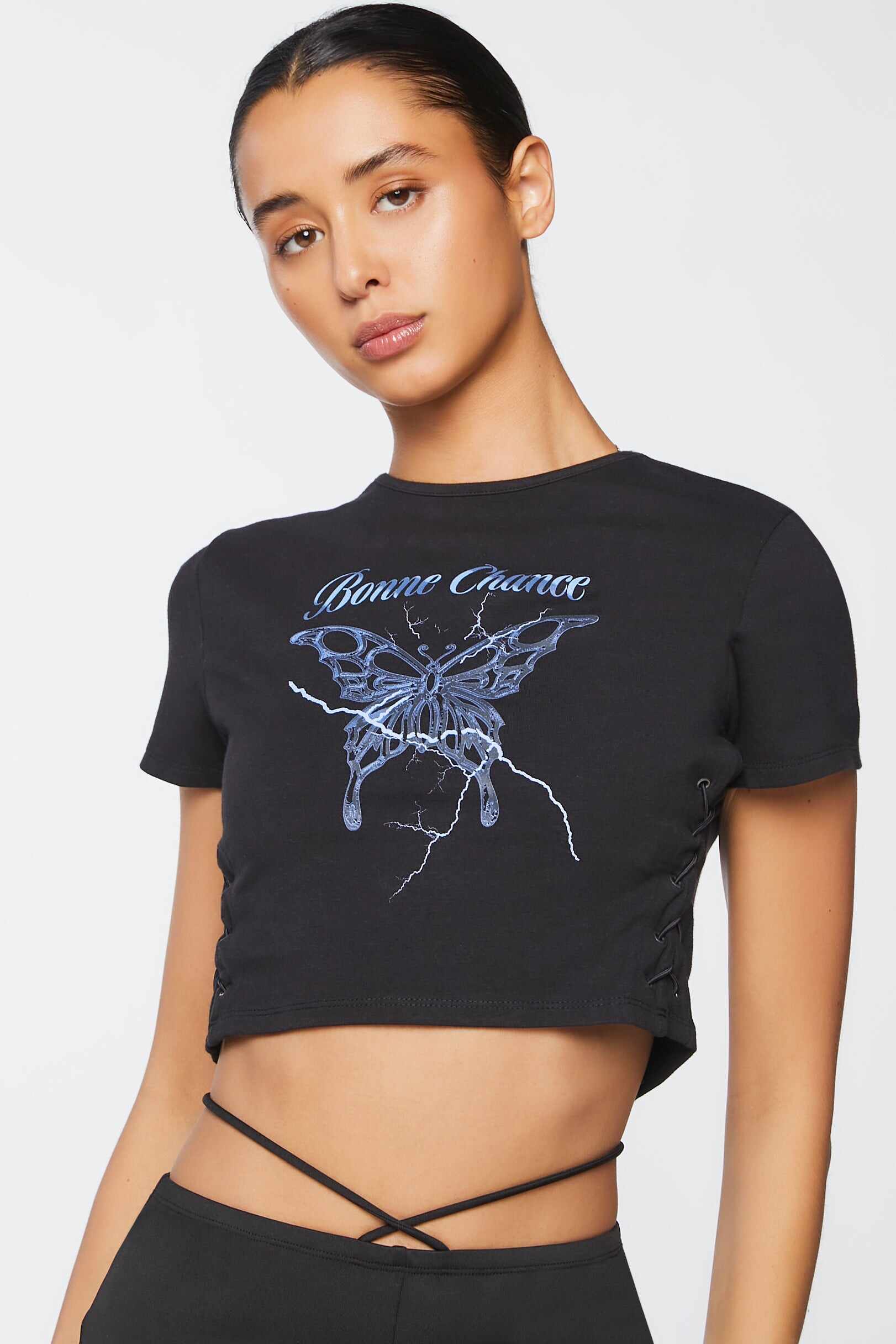 Women Apparel | Bonne Chance Graphic Lace-Up Tee Black Forever21 - UA48624