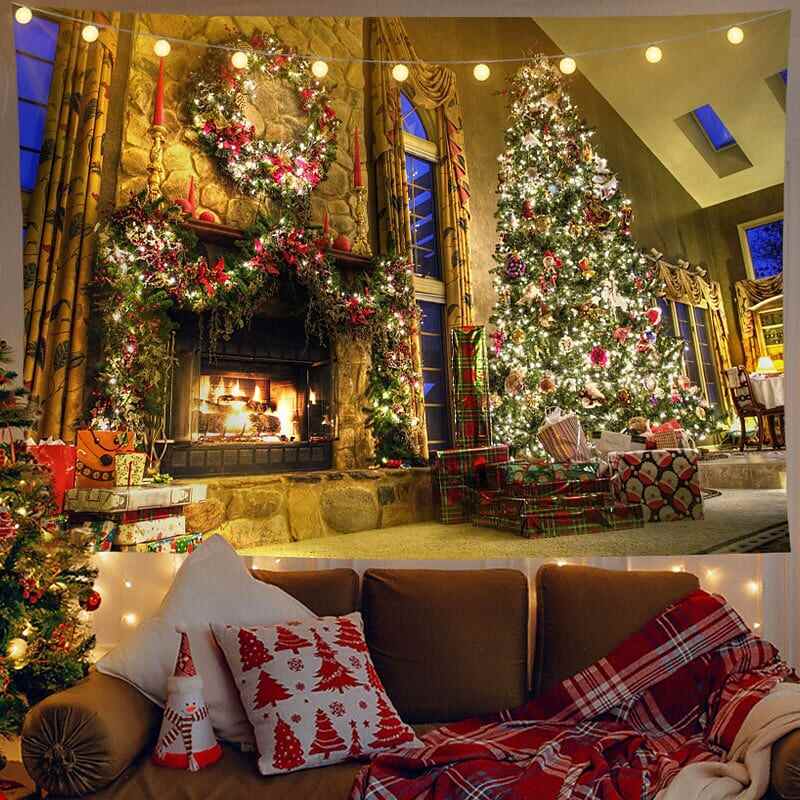 Christmas Decor LED Lights Wall Tapestry Christmas Tree Fireplace Print