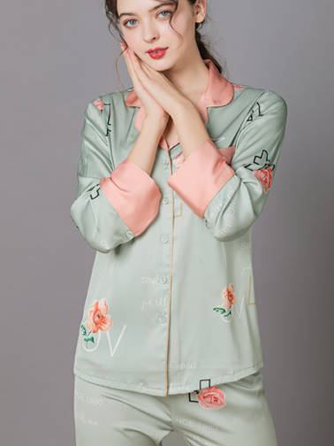 Floral V Neck Casual Regular Fit Long Sleeve Pajama Set