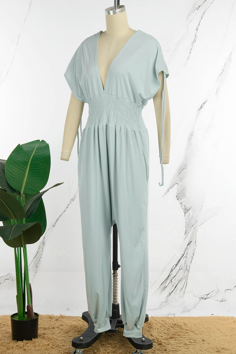 Blue Casual Solid Patchwork Draw String V Neck Loose Jumpsuits