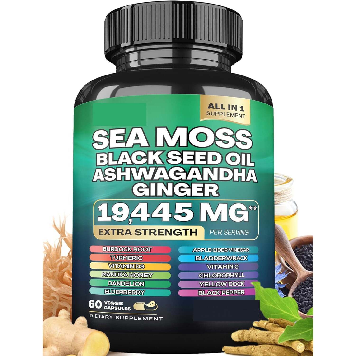 Sea Moss Capsules, All-in-One Irish Sea Moss Pills with Black Seed Oil, Turmeric, Ashwagandha, Burdock Root & Bladderwrack, Multimineral & Multivitamin Supplement, 19,445mg