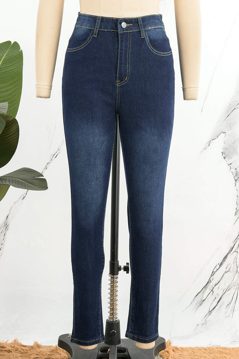 Deep Blue Casual Solid Patchwork High Waist Skinny Denim Jeans