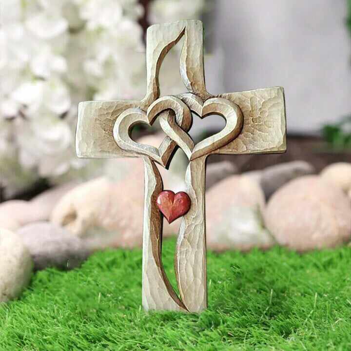 Carved wooden cross - intertwined hearts