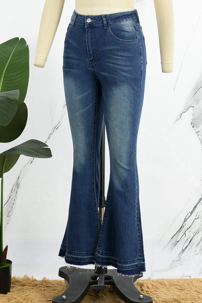 Deep Blue Casual Solid Patchwork High Waist Skinny Denim Jeans