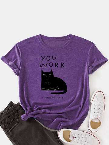 Women T-Shirts | Cat Print Short Sleeve O-neck Loose Casual T-Shirt For Women - SB24566