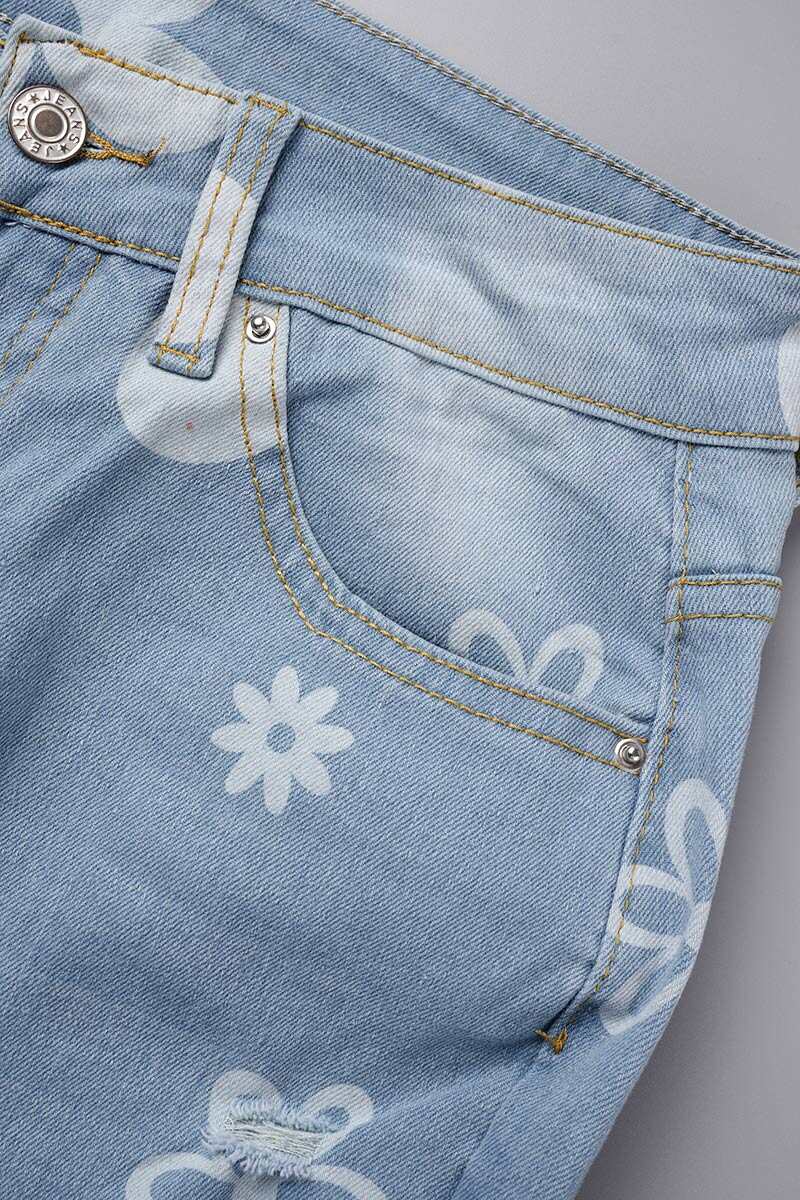 Blue Casual Print Ripped High Waist Regular Denim Jeans