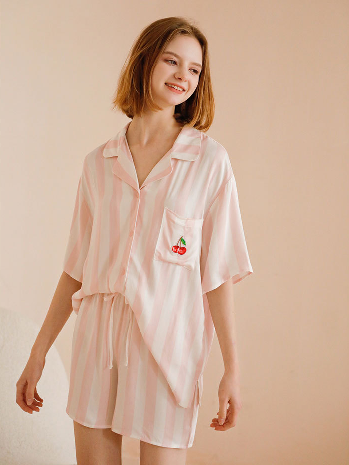 Fruit Shawl Collar Simple Loose Short Sleeve Pajama Set