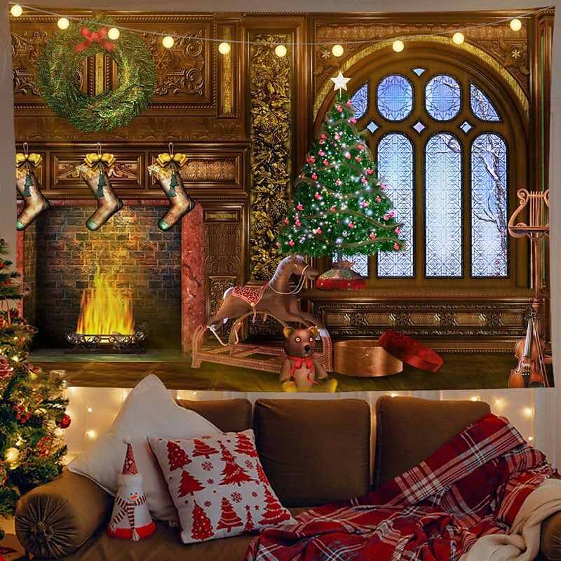 Christmas Decor LED Lights Wall Tapestry Santa Claus Christmas Tree Print