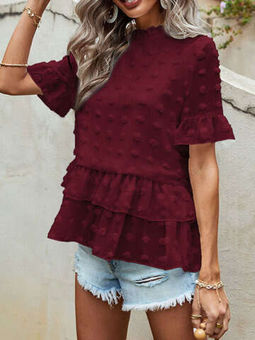 Women Blouses & Shirts | Swiss Dot Solid Ruffle Tiered Chiffon Bell Sleeve Romantic Blouse - KN24584