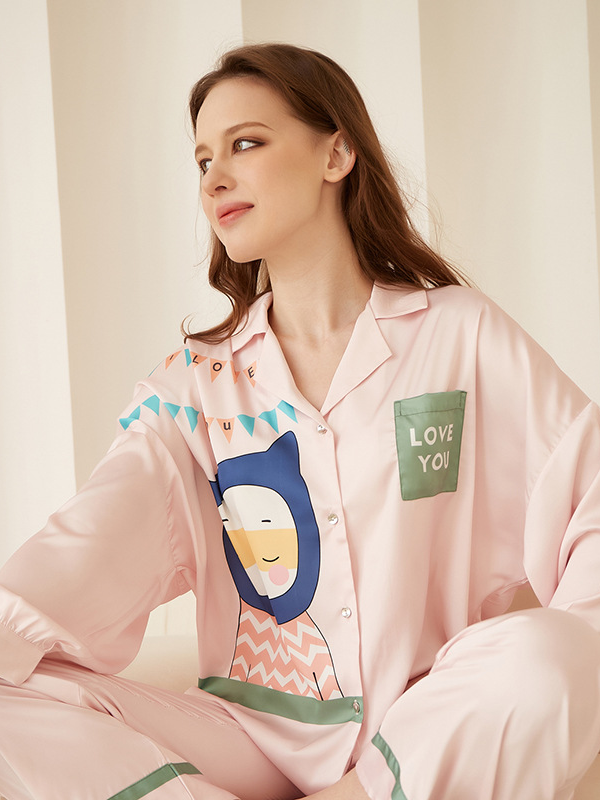 Simple Cartoon Ice Silk Loose Long Sleeve Pajama Set