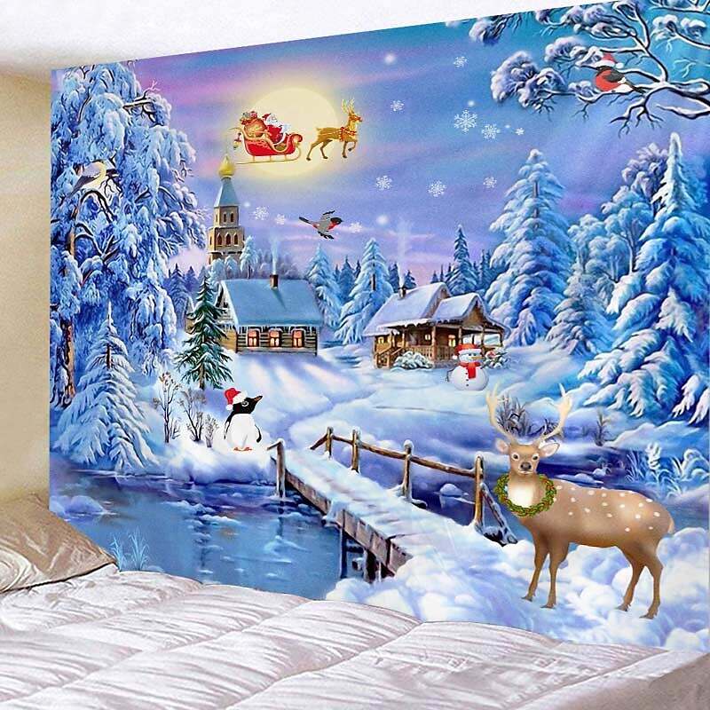 Christmas Rendeer Snow Holiday Party Wall Tapestry Art Decor for Winter Home