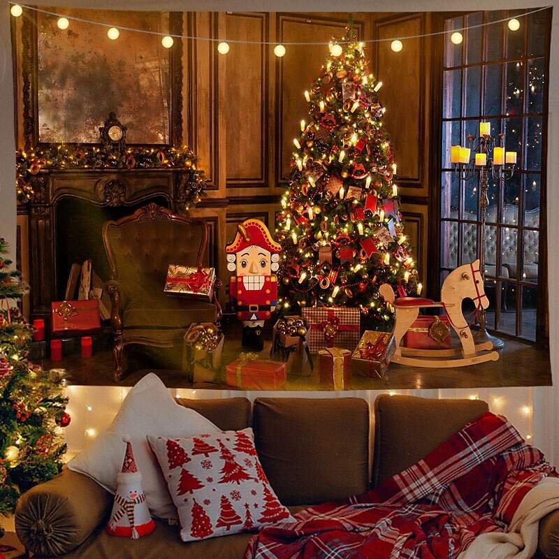 Christmas Decor LED Lights Wall Tapestry Christmas Tree Fireplace Print