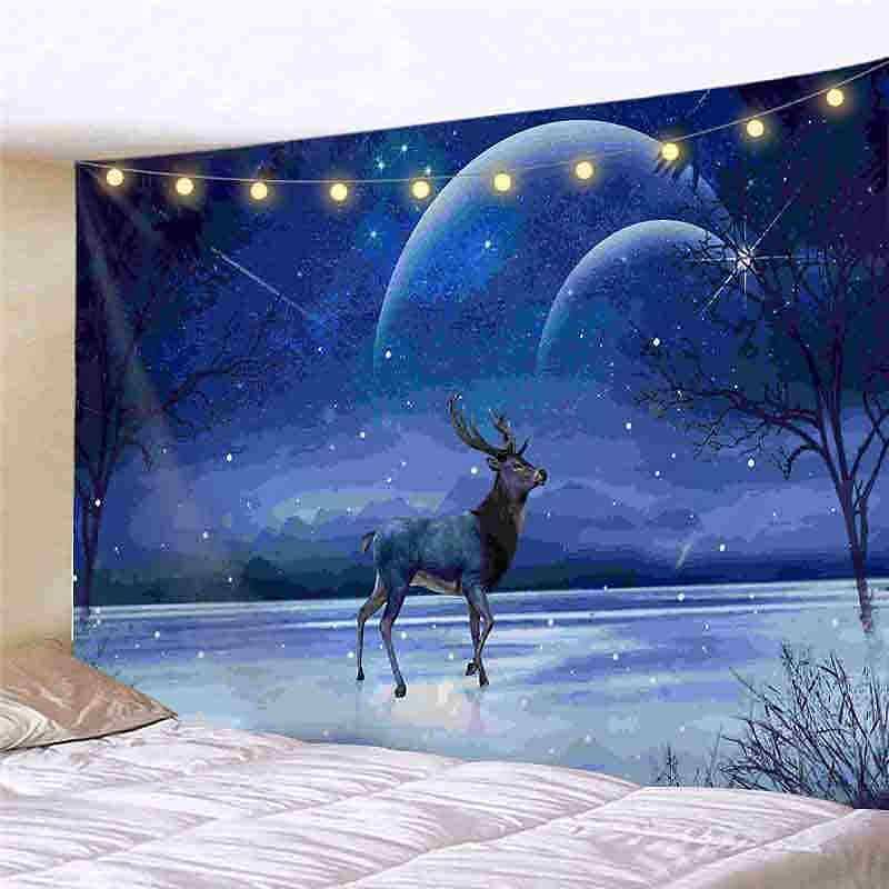 Landscape LED Lights Wall Tapestry Art Decor Forest Reindeer Print