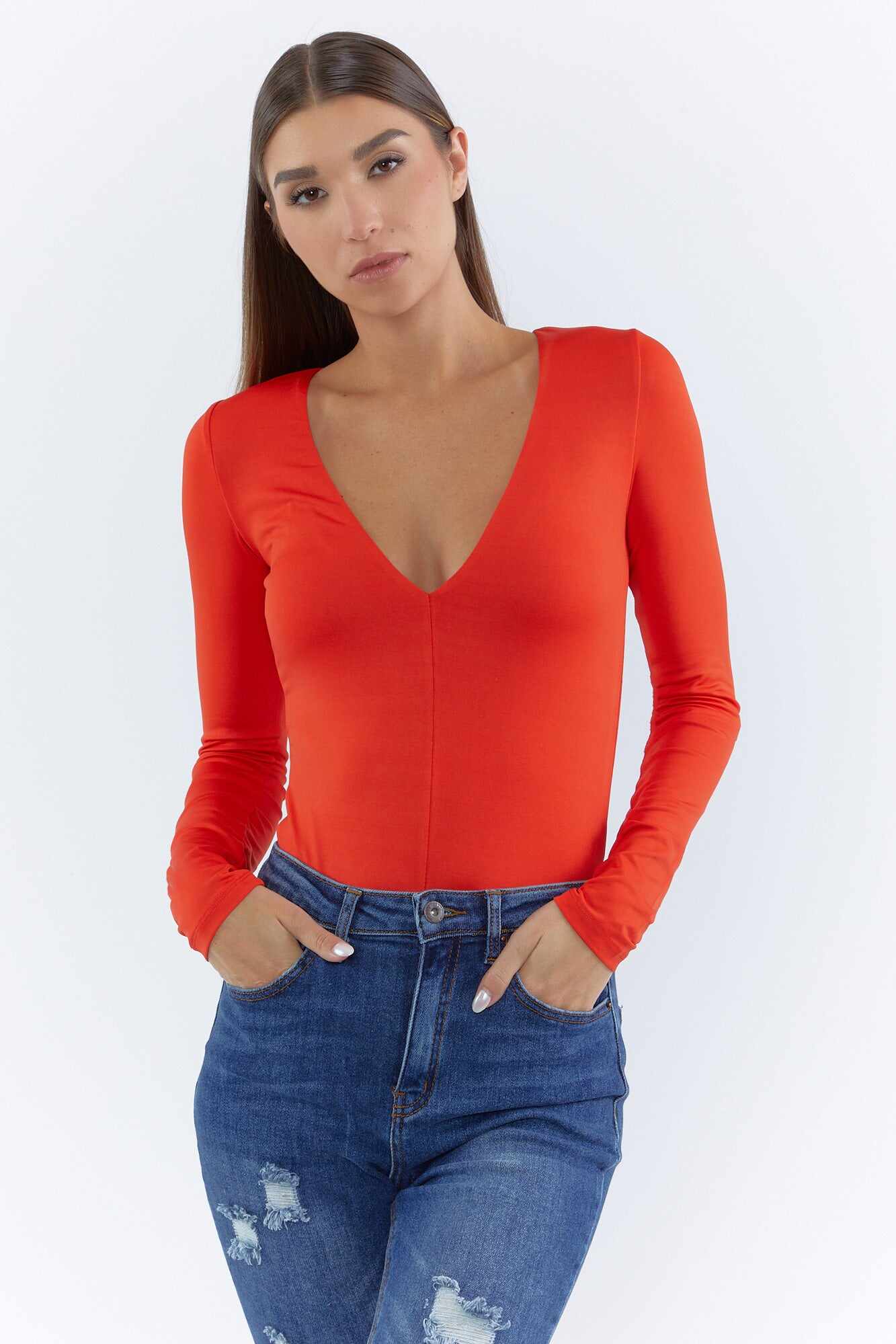 Women Apparel | V-Neck Long-Sleeve Bodysuit Red Forever21 - FP33604