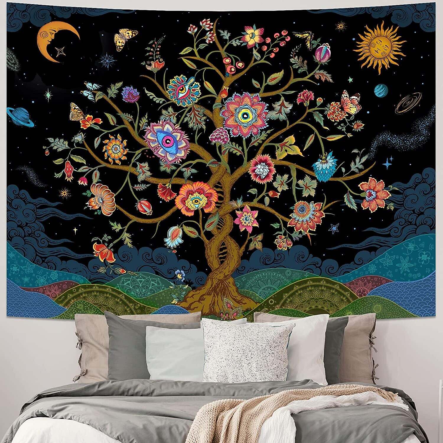 Tree of Life Tapestry Trippy Sun Moon Tapestry