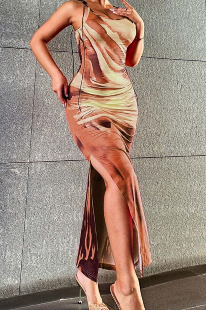 Red Sexy Casual Print Backless Slit Spaghetti Strap Long Dress Dresses