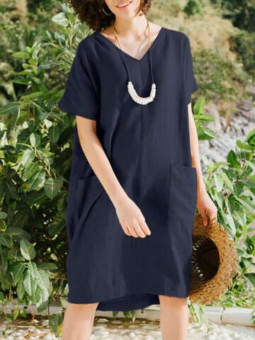 Women Casual Dresses | Solid Short Sleeve Pocket V-neck Dress For Women - JY54848
