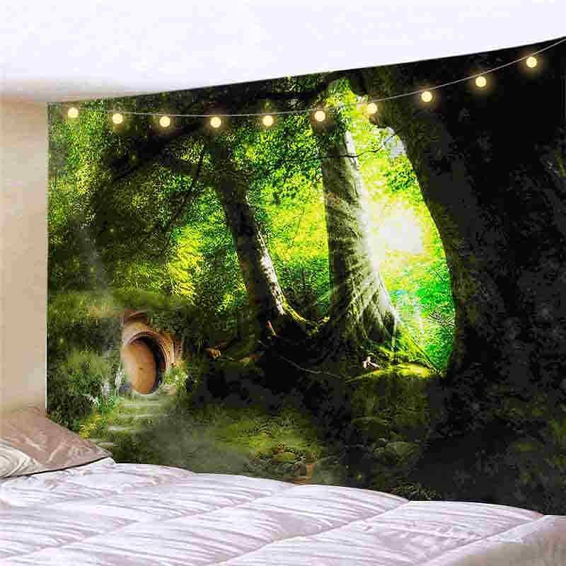 Landscape LED Lights Wall Tapestry Art Decor Forest Green Tree Print