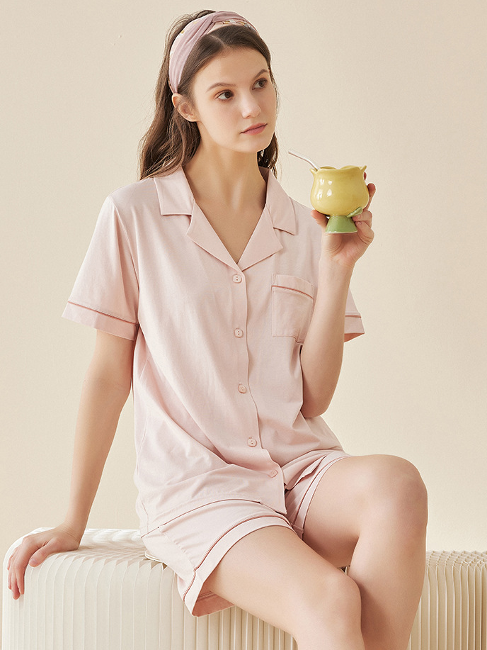 Modal V Neck Loose Simple Regular Sleeve Matching Couple Pajamas Set