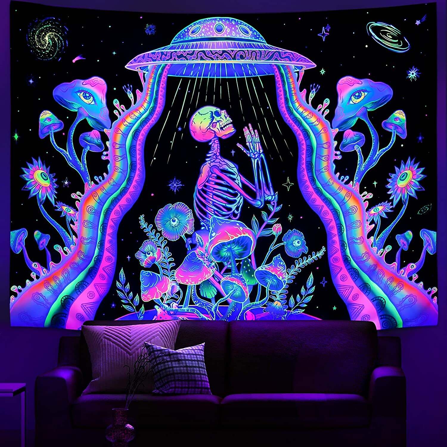 Alien Skull Blacklight UV Reactive Tapestry Trippy Psychedelic