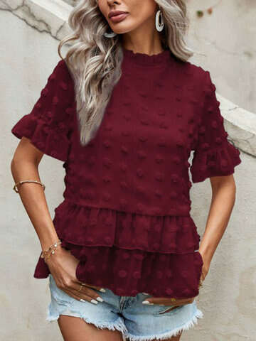 Women Blouses & Shirts | Swiss Dot Solid Ruffle Tiered Chiffon Bell Sleeve Romantic Blouse - KN24584