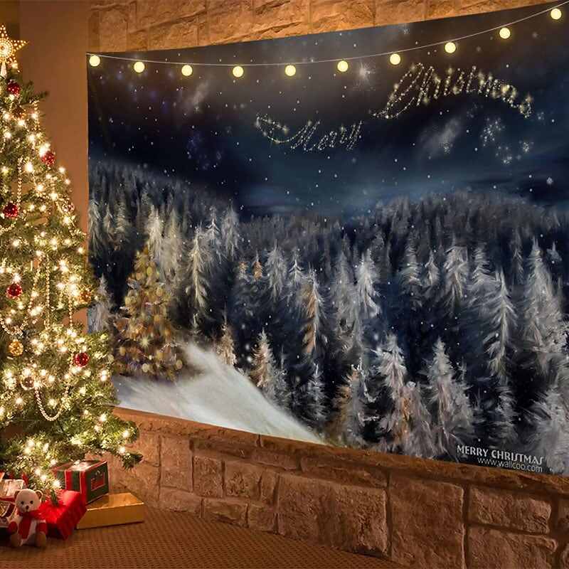 Christmas Decor LED Lights Wall Tapestry Snow Forest Christmas Tree Print