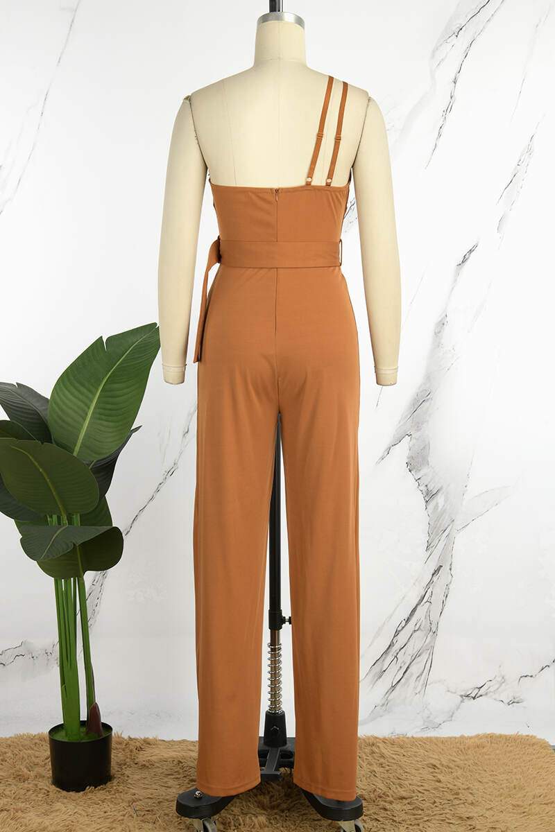 White Sexy Casual Solid Backless With Belt Oblique Collar Skinny Jumpsuits